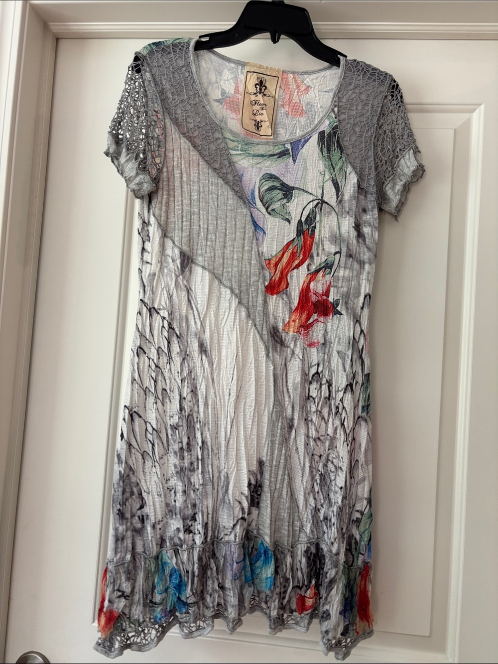 Fleur de Lis Collection Gray Floral Knit-Trim Dress with Red & Blue Accents